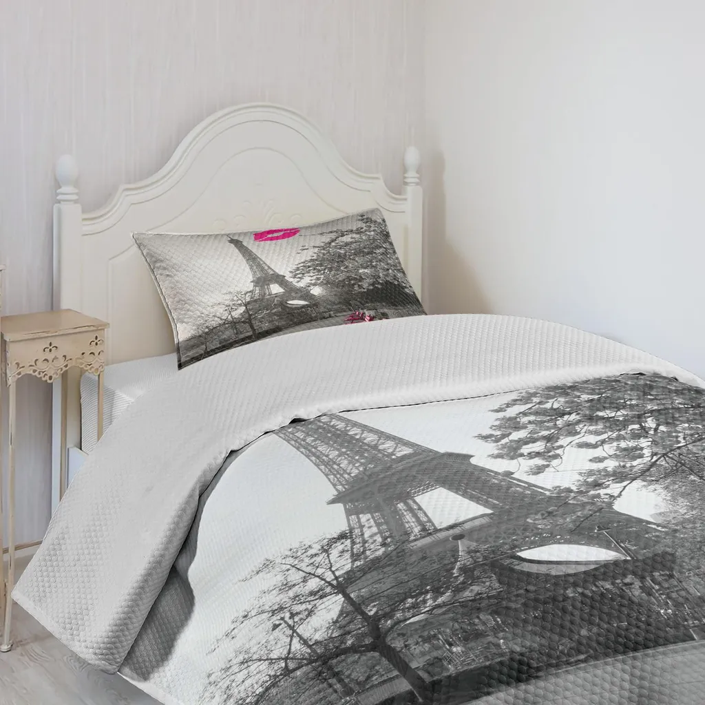 Set Biancheria Da Letto Torre Eiffel Rosa E Grigio – 1 Piumone Matrimoniale + Federa, Stile Francese