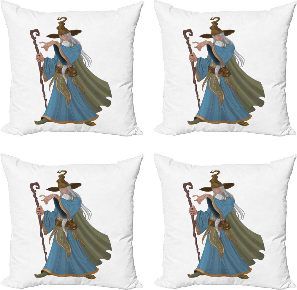 ABAKUHAUS Magier Kissenbezug Set (4 Stück), Starker Medieval Sorcerer, Moderner Doppelseitiger Digitaldruck, 50 cm x 50 cm, Mehrfarbig