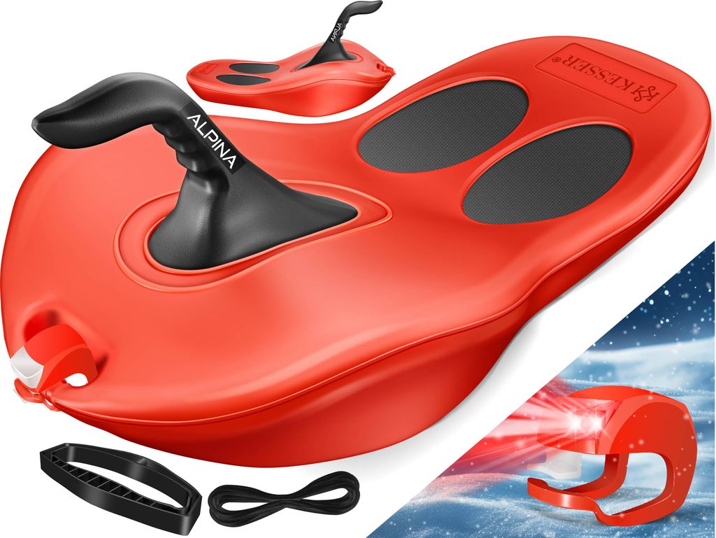 A collage of images showing a red KESSER Bob Schneebob Alpina sled with black handle and accents, along with accessories and a depiction of it in use on snow.