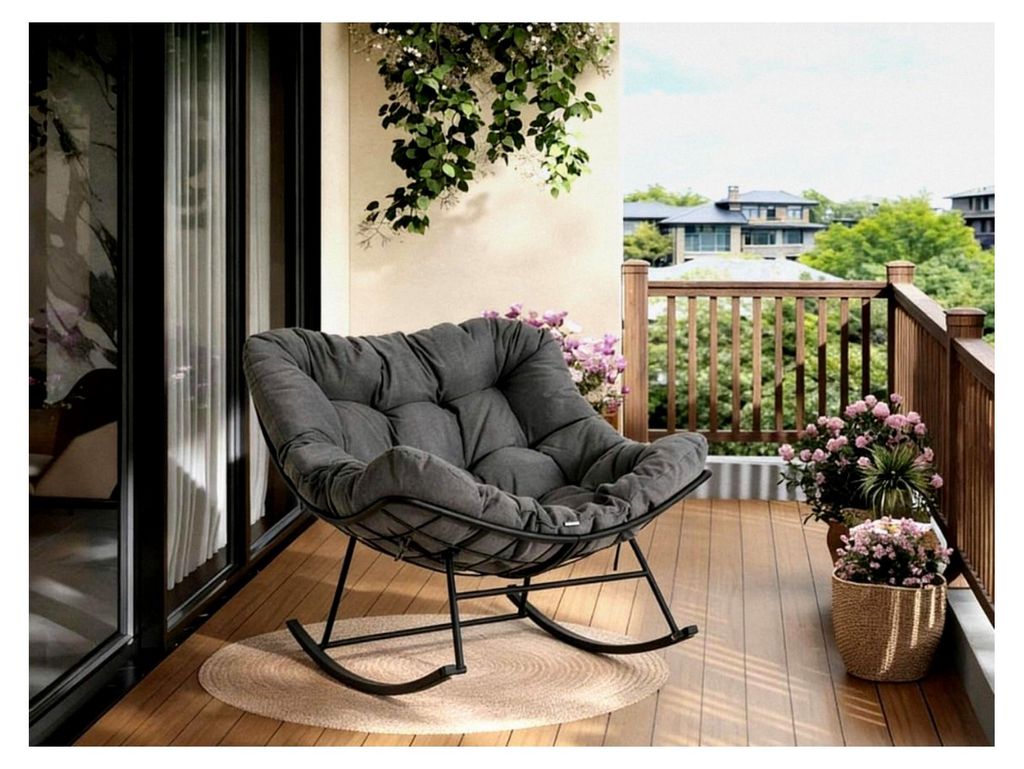 Oversized Schaukelstuhl mit Fußhocker, Schaukelsessel mit dickem Kissen und Metallrahmen, Relaxsessel für Pool, Garten und Hinterhof, Tragfähigk...