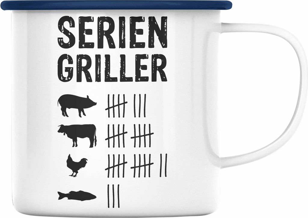 Trendation - Grillen Emaille Tasse Geschenk Männer Steak Liebhaber Grillen Geschenkidee Vater (Blau)