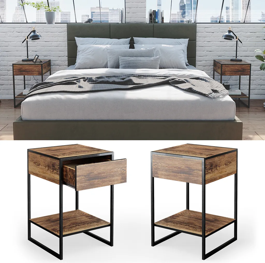 Table de chevet Vicco Fyrk Bois Antique Set de 2, Modèle 34133 Robuste