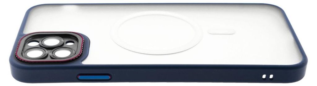 A close-up side view of a dark blue iPhone case with a clear back, showing the camera module and a circular MagSafe magnet.