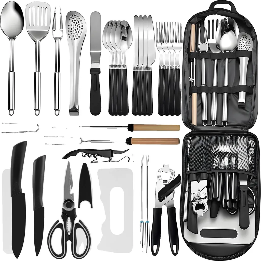 Kit cuisine camping inox 27 pièces : solution gain de place et cuisson saine