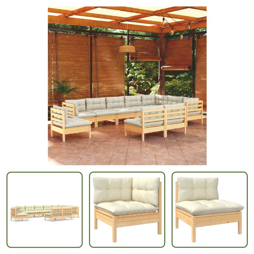 The Living Store 10-tlg. Garten-Lounge-Set mit Creme Kissen Massivholz Kiefer