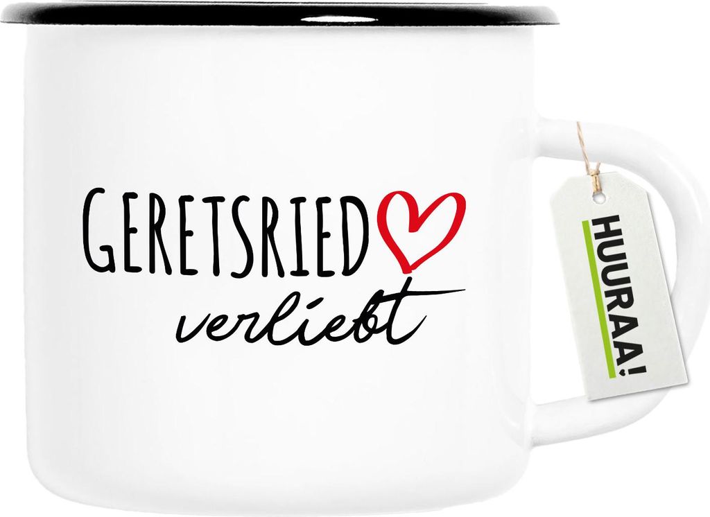 Huuraa Emaille Tasse Geretsried verliebt 300ml Vintage Campingbecher Geschenkidee