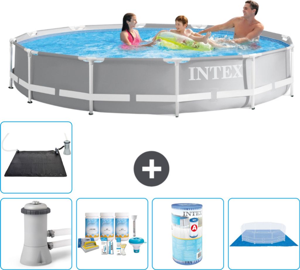 Intex Round Prism Frame Swimming Pool – 366 x 76 cm – Grau – inklusive Pumpe Wartungspaket - Filter - Bodenplane - Solarmatte