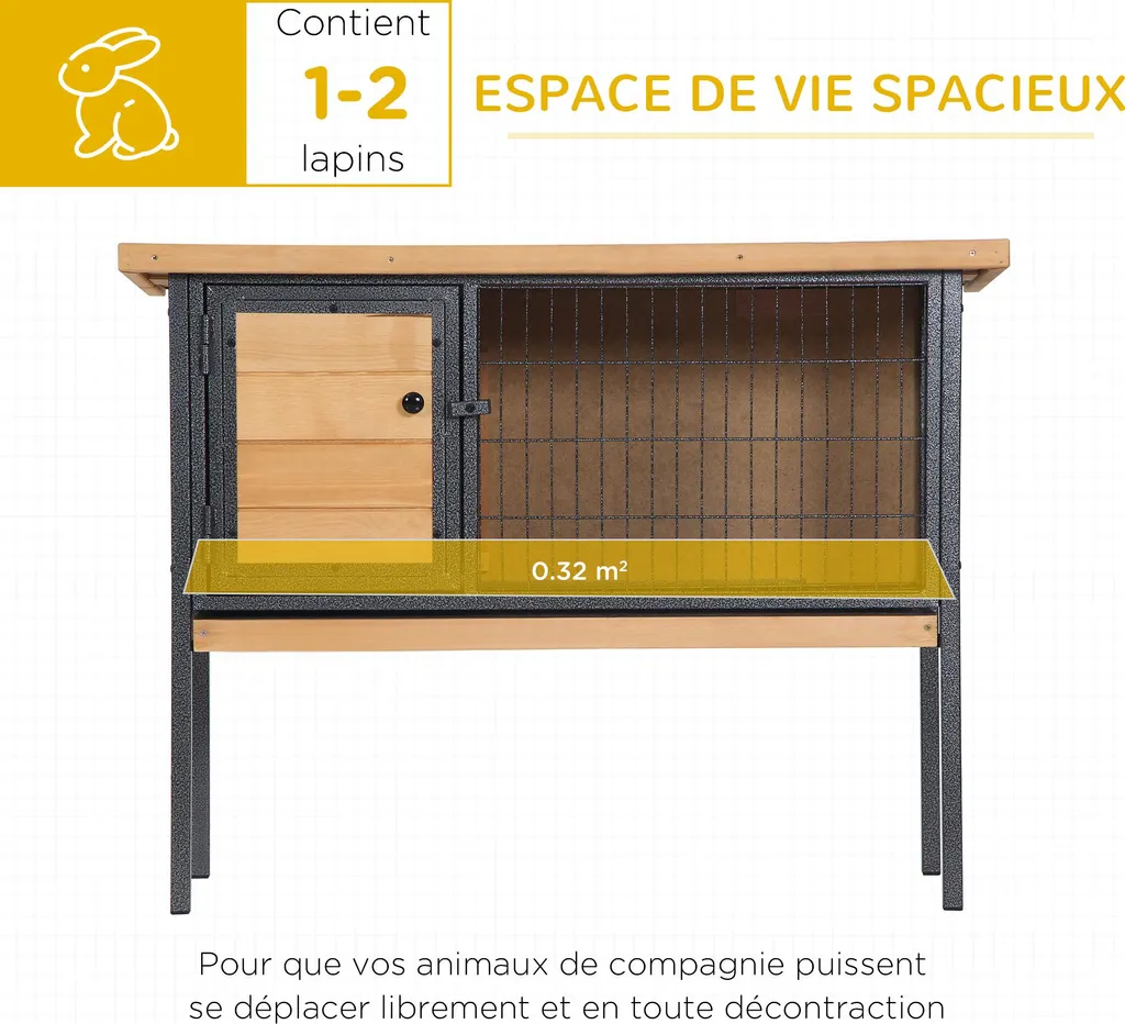 Abri lapins avec toit ouvrant et pieds bois - Confort 91,5L x 45l x 70H