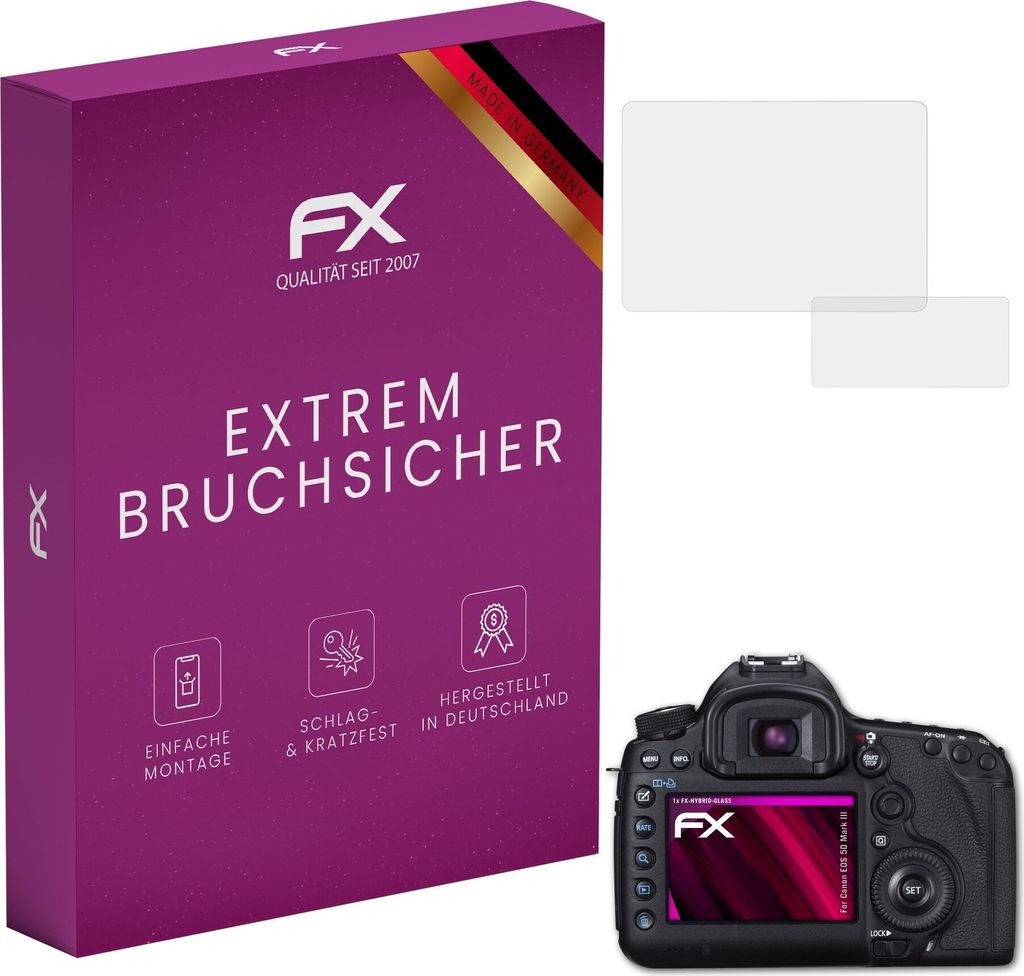 atFoliX FX-Hybrid-Glass Displayfolie kompatibel mit Canon EOS 5D Mark III Glasfolie
