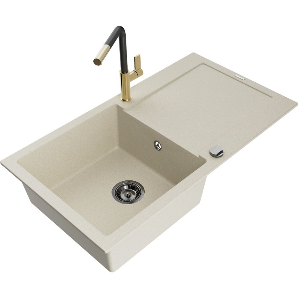 Mexen Leo 1 Becken-Granitspüle mit Abtropffläche und Mischbatterie Flora, Beige - 6501-69-670401-57-B