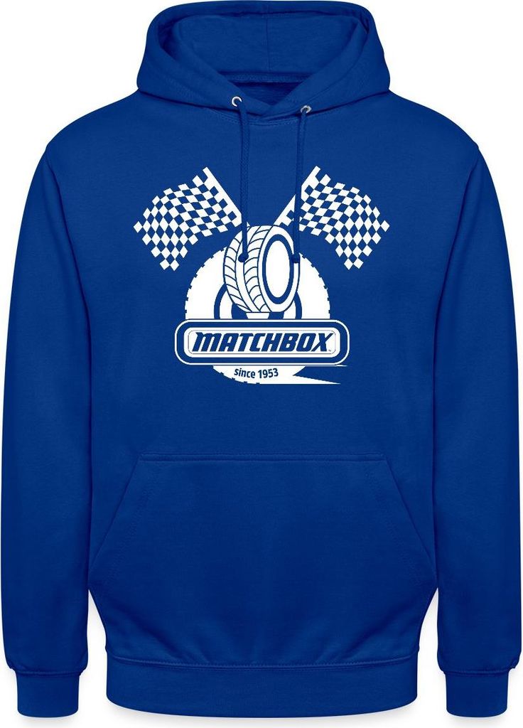 Spreadshirt Matchbox 1953 Mit Zielflaggen Rennen Uni Hoodie, M, Royalblau