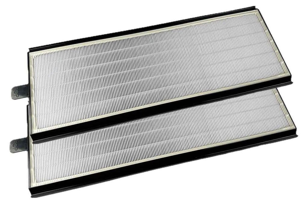 Two air filters are stacked on top of each other, presented against a white background.