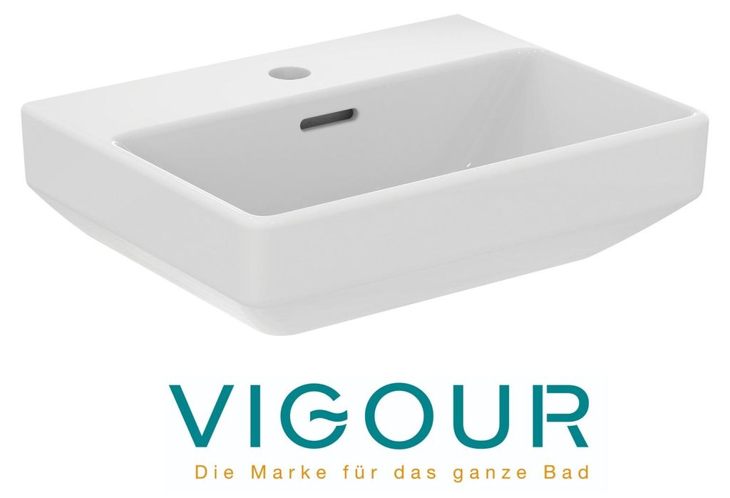 VIGOUR DERBY V3 Edge Waschtisch 45x35cm mit Überlauf mittigem Hahnloch PflegetectPLUS, weiß