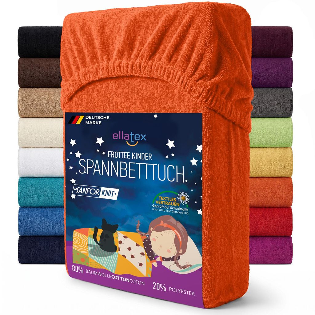 EllaTex Frottee Spannbettlaken 70x140 Baumwolle – weich, warm & saugstark, Spannbetttuch für Kinderbett, in Farbe: Orange