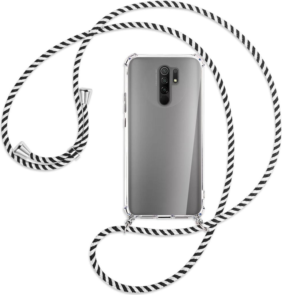 Handykette Backcover-Schutzhülle mit Band (Metall silberfarben) für Xiaomi Redmi 9 - schwarz/weiß gestreift