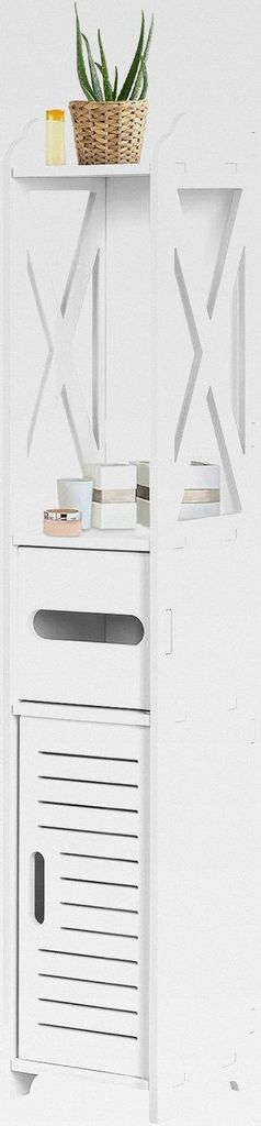 Badezimmerschrank Schmal Hochschank Stehender Badschrank Badmöbel Schrank Toilettenschrank mit Klopapierständer 80x15,5x15cm Weiß