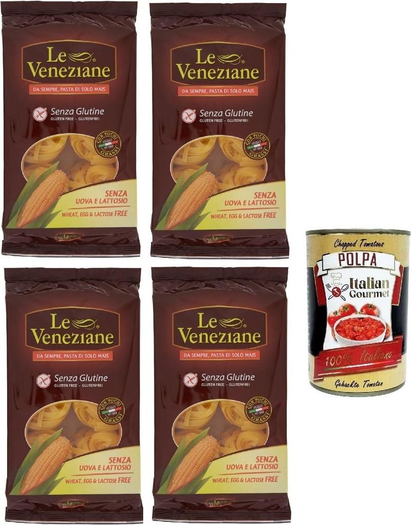 Le Veneziane Pasta di Mais Fettuccine N.28 senza glutine,100% italienische Maisnudeln, glutenfrei. gluten free 4x 250g + Italian Gourmet polpa 400g