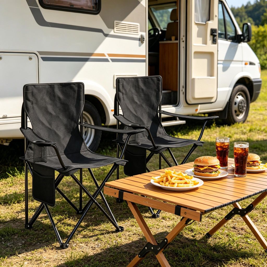 2er Set Campingstuhl mit Tassenhalter, Klappbarer Angelstuhl, Schwarz