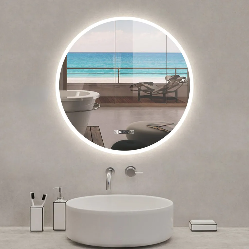 Miroir rond antibuée 60cm LED fini la buée avec horloge et 3 couleurs