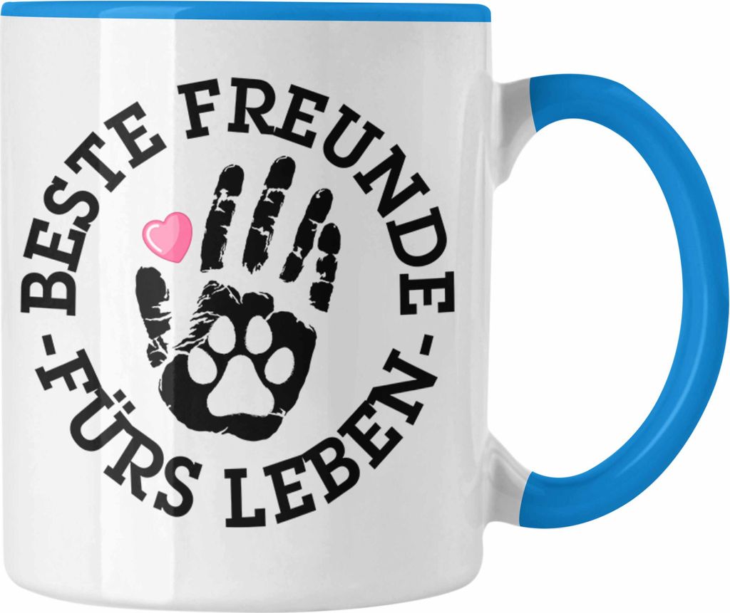 Trendation - Hund Katze Tasse Freunde Kaffeetasse Becher Hundebesitzer Katzenbesitzer Tatze Geschenkidee Pfote (Blau)