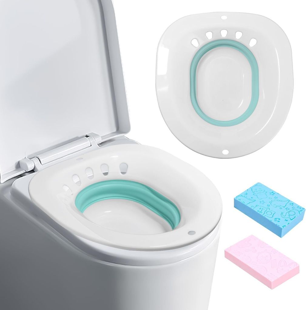 A toilet seat insert and two cleaning sponges are displayed against a white background.