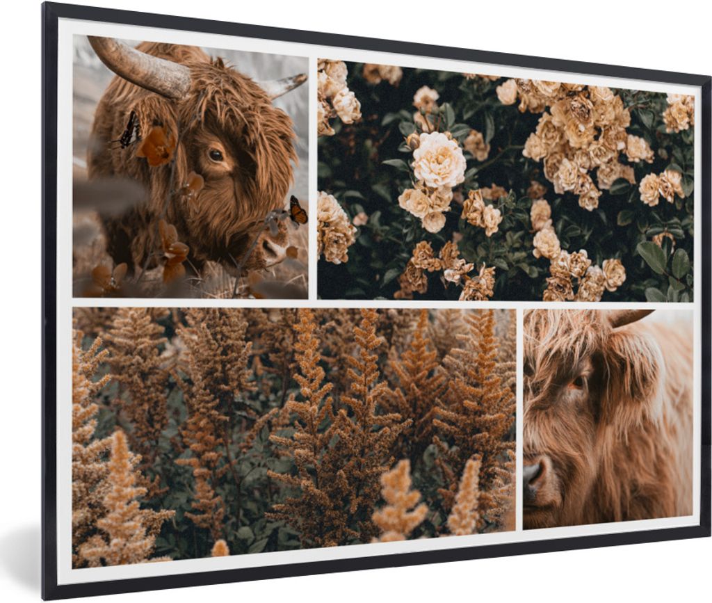 MuchoWow Gerahmtes Poster Scottish Highlander - Blumen - Pflanzen - Braun 90x60 cm - Poster mit Schwarzem Bilderrahmen Wandposter Rahmen Foto Bil...