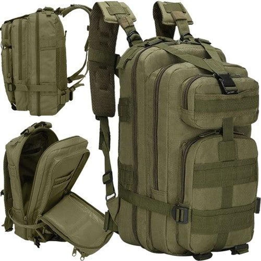 A military-style backpack shown from multiple angles.