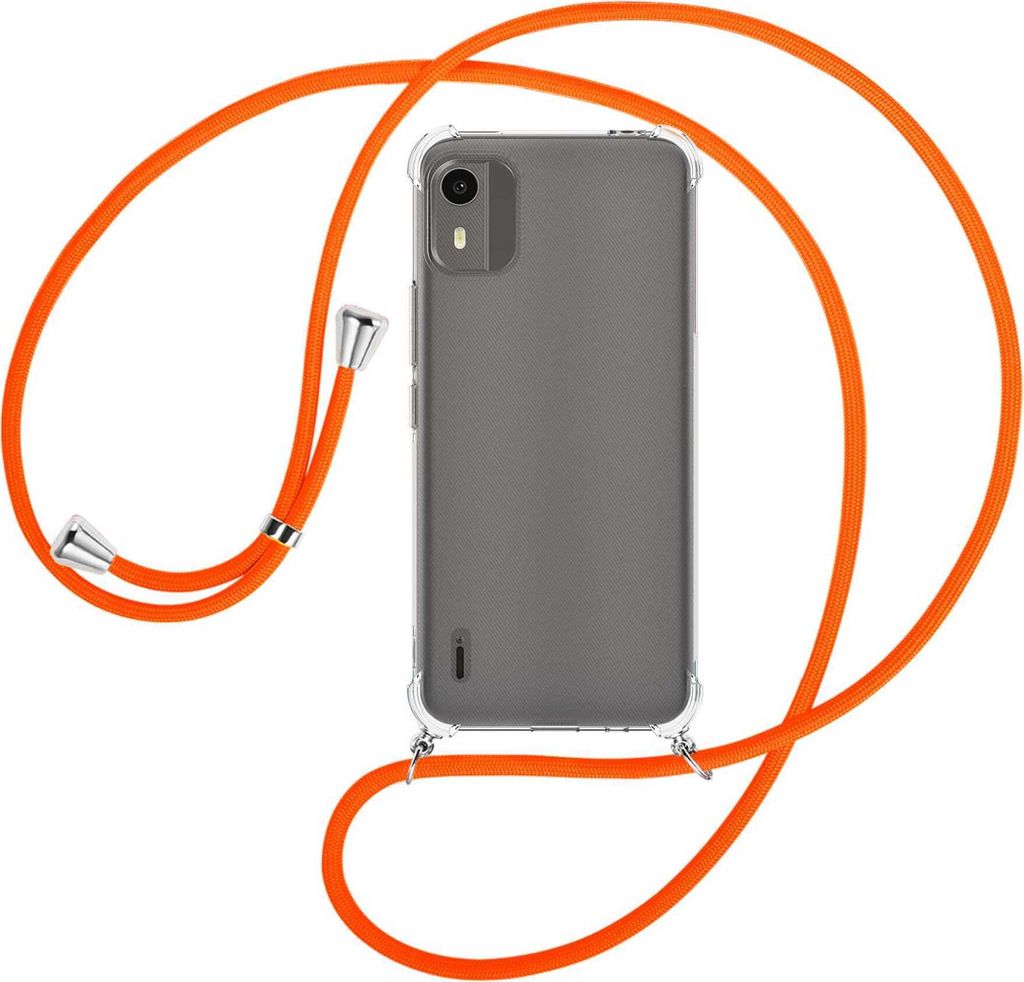 Handykette Backcover-Schutzhülle mit Band (Metall silberfarben) für Nokia C12, Nokia C12 Pro (6.3'') - neonorange