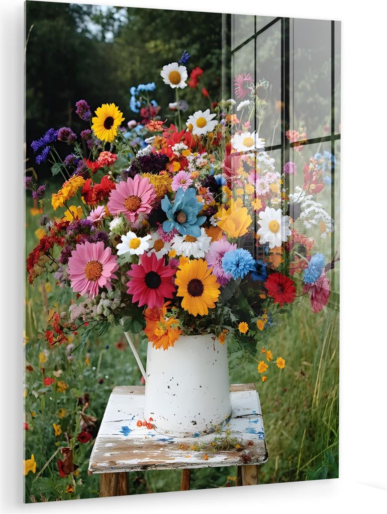 MuchoWow Glasbilder - Bilder auf Wandbild - Foto auf Glas Blumen - Hocker - Gießkanne - Feld 60x80 cm Wanddekoration aus Glas - Acrylglasbild - Ac...