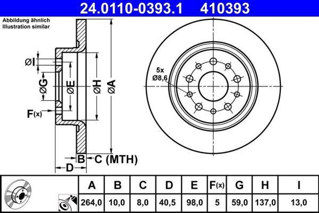 ATE 24.0110-0393.1 Bremsscheibe OE 51914664 kompatibel mit 500L, Tipo