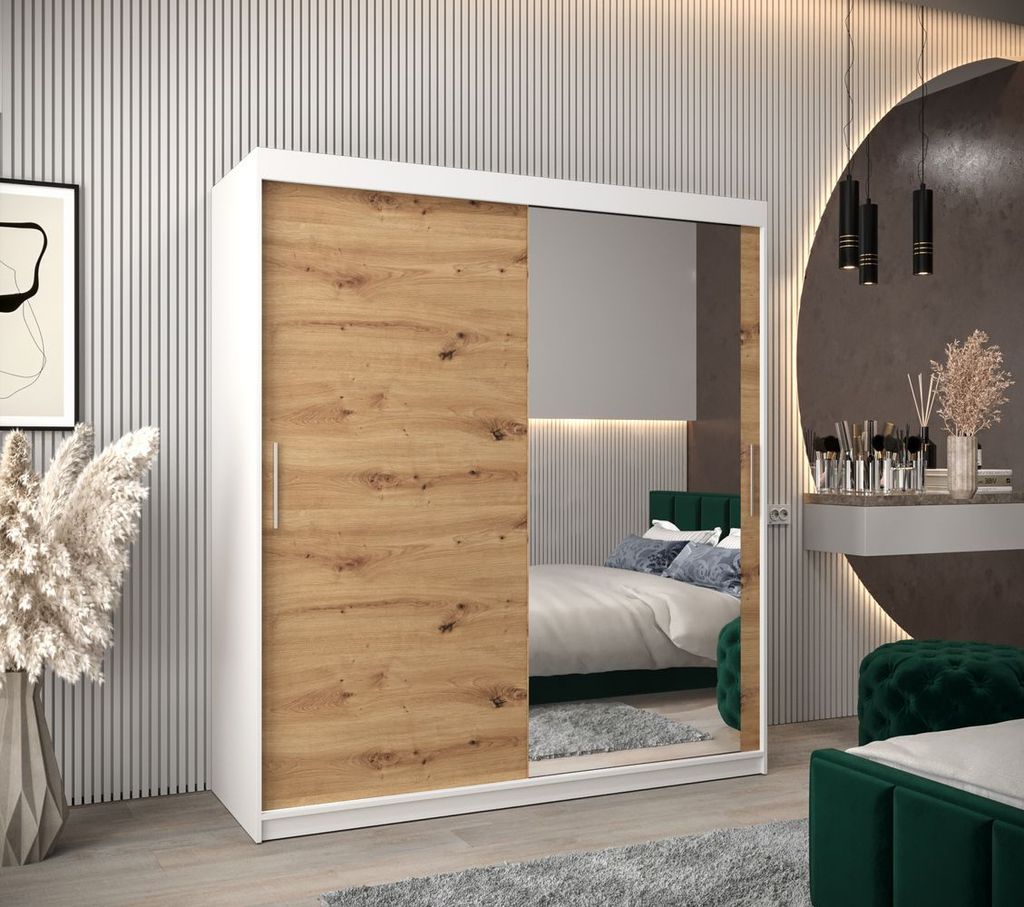 Schwebetürenschrank mit einer Breite von 180 cm TIMEA 2 – Weiß / Eiche Artisan