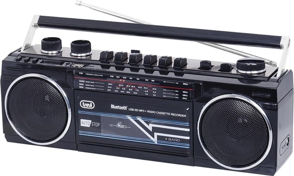 A black portable radio cassette recorder with a silver handle and speaker grilles, set against a white background.