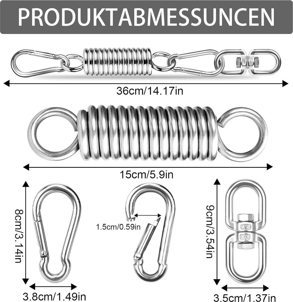 Schwingfeder für Hängesessel, hängesessel Feder, Tragfähigkeit bis 250kg, Feder Hängesessel mit 2 Karabinerhaken und 360° Swivel Haken, Aufh...