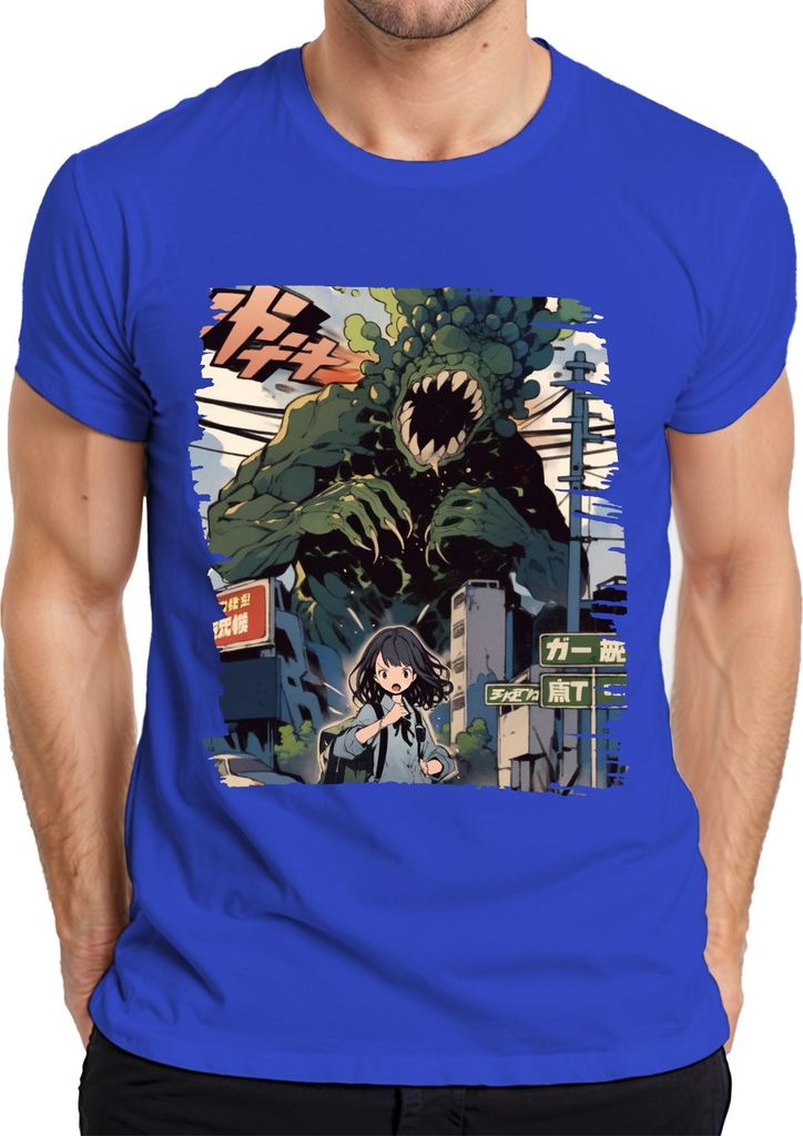 Kaiju Angriff Schulmädchen Monster Apokalypse Stadt Anime Manga Herren T-Shirt, Blau, S