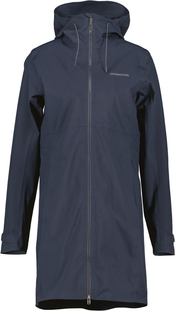 A studio shot of a dark blue parka jacket.