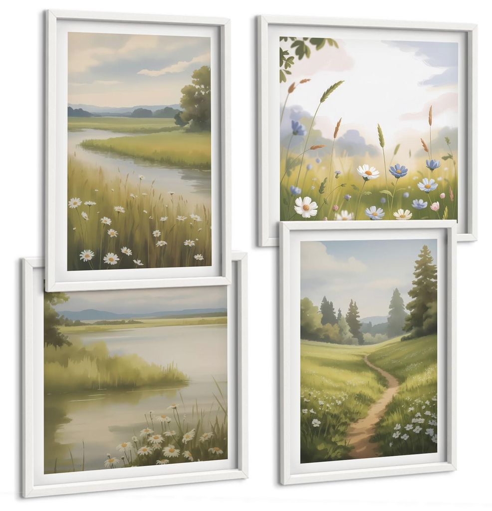 Bilder Set 4-teilig im Goldrahmen Rahmen – Wandbilder 4 Stück – gerahmte Poster für Wohnzimmer, Schlafzimmer und Flur – 50x50 cm - 40x60 cm...