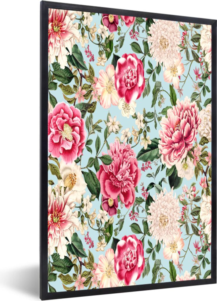 MuchoWow MuchoWow Gerahmtes Poster Blumen - Rosa - Muster 40x60 cm - Poster mit zchwarzem Bilderrahmen - Papierdruck - Wandbilder