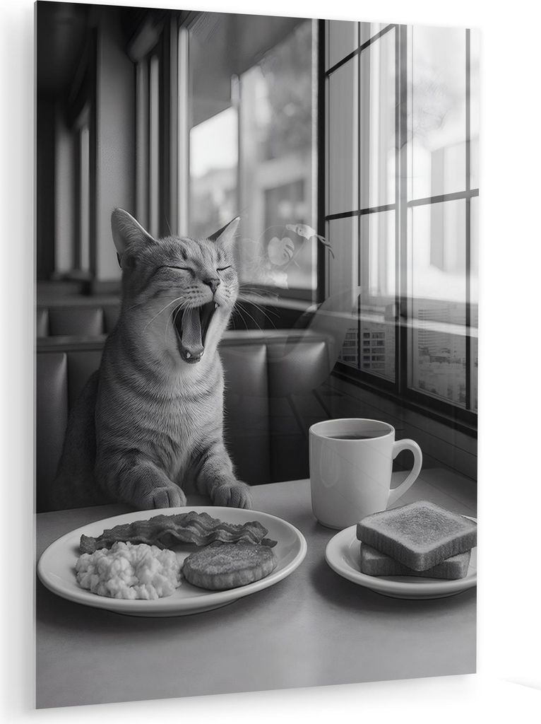 MuchoWow Glasbilder - Bilder auf Wandbild - Foto auf Glas Katze - Kaffee - Brot - Schwarz 30x40 cm Wanddekoration aus Glas - Acrylglasbild - Acrylb...