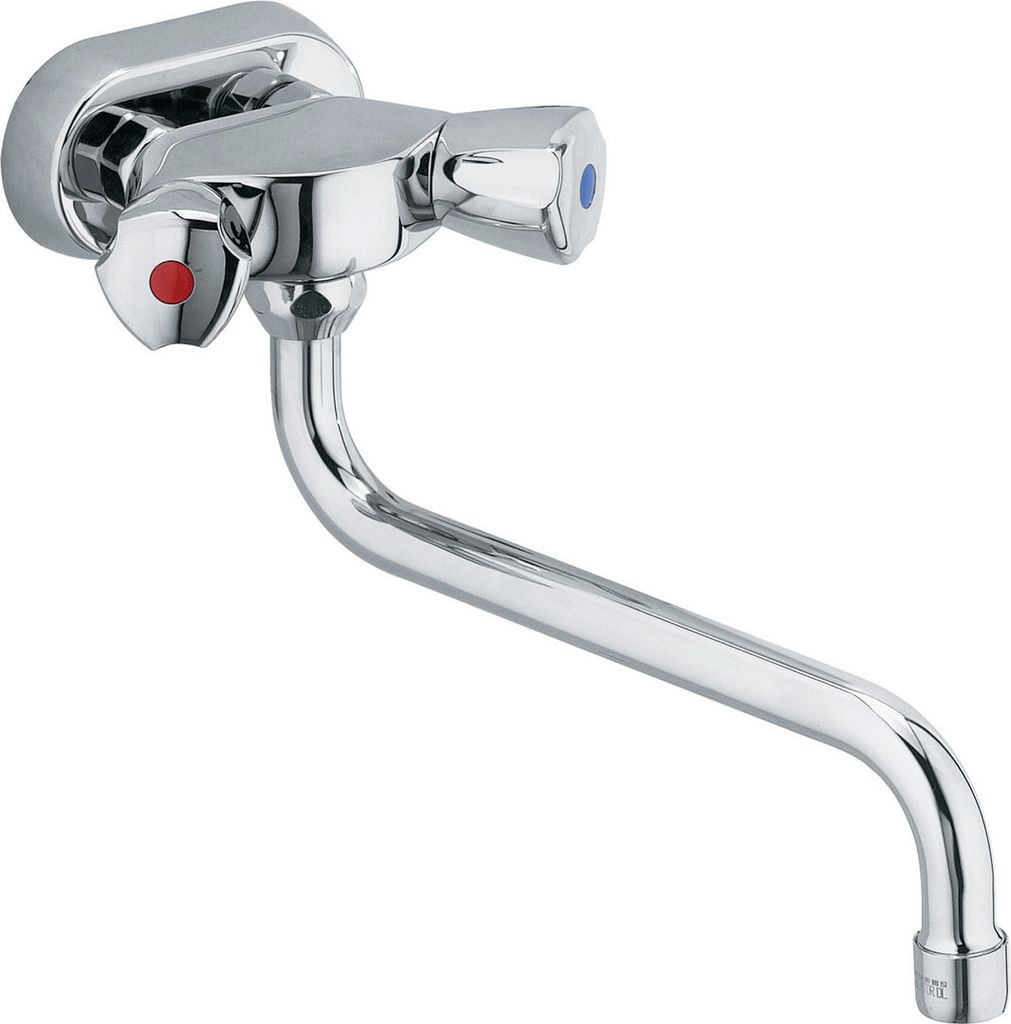 A chrome-plated kitchen faucet with two handles, one red and one blue, mounted on a white background.