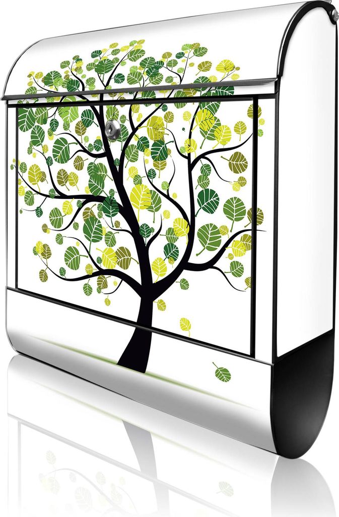 banjado Design Briefkasten Stahl schwarz mit Zeitungsfach pulverbeschichtet "Laubzauberbaum" 38x46x12,5cm & 2 Schlüssel - Postkasten A4 Einwurf in...