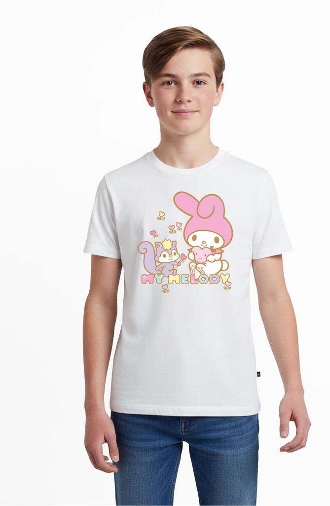 Spreadshirt My Melody Pflückt Mit Risu Herzblümchen Teenager Premium T-Shirt, 158/164 (12 Jahre), Weiß
