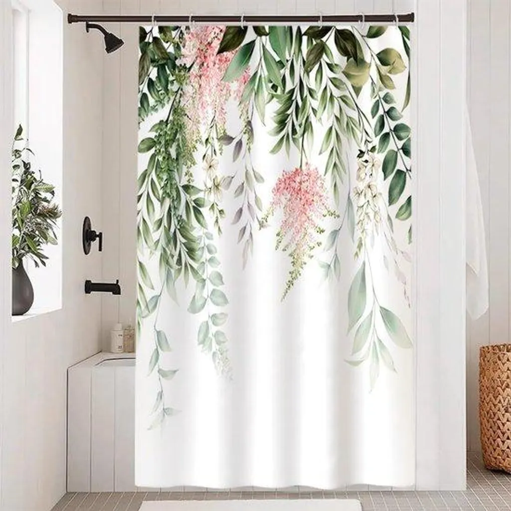 Rideau de douche imperméable feuilles vertes et fleurs roses 120x200 cm