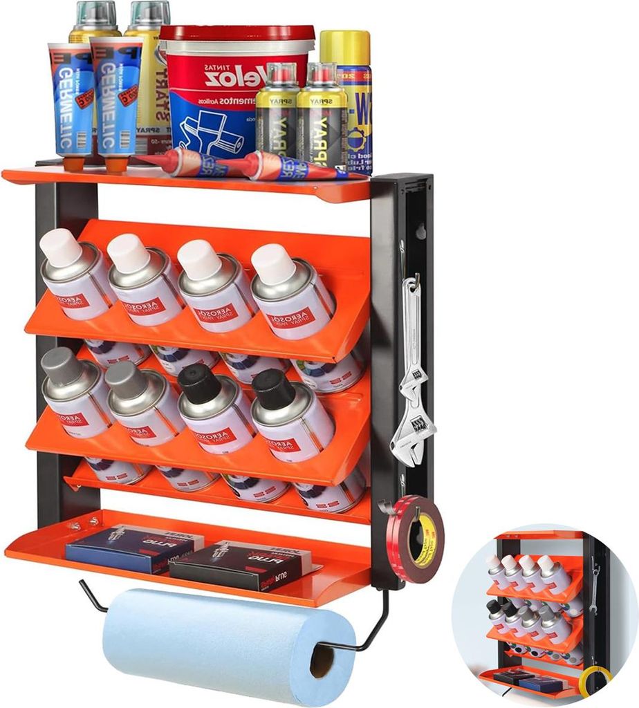 Schwerlast Spraydose Organizer – Wandmontage, Metallregal für Öl, Lack & Werkzeuge, 8 Dosenlöcher und 2 Regale