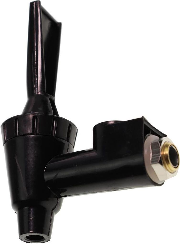 A black plastic tap with a metal fitting, isolated on a white background.