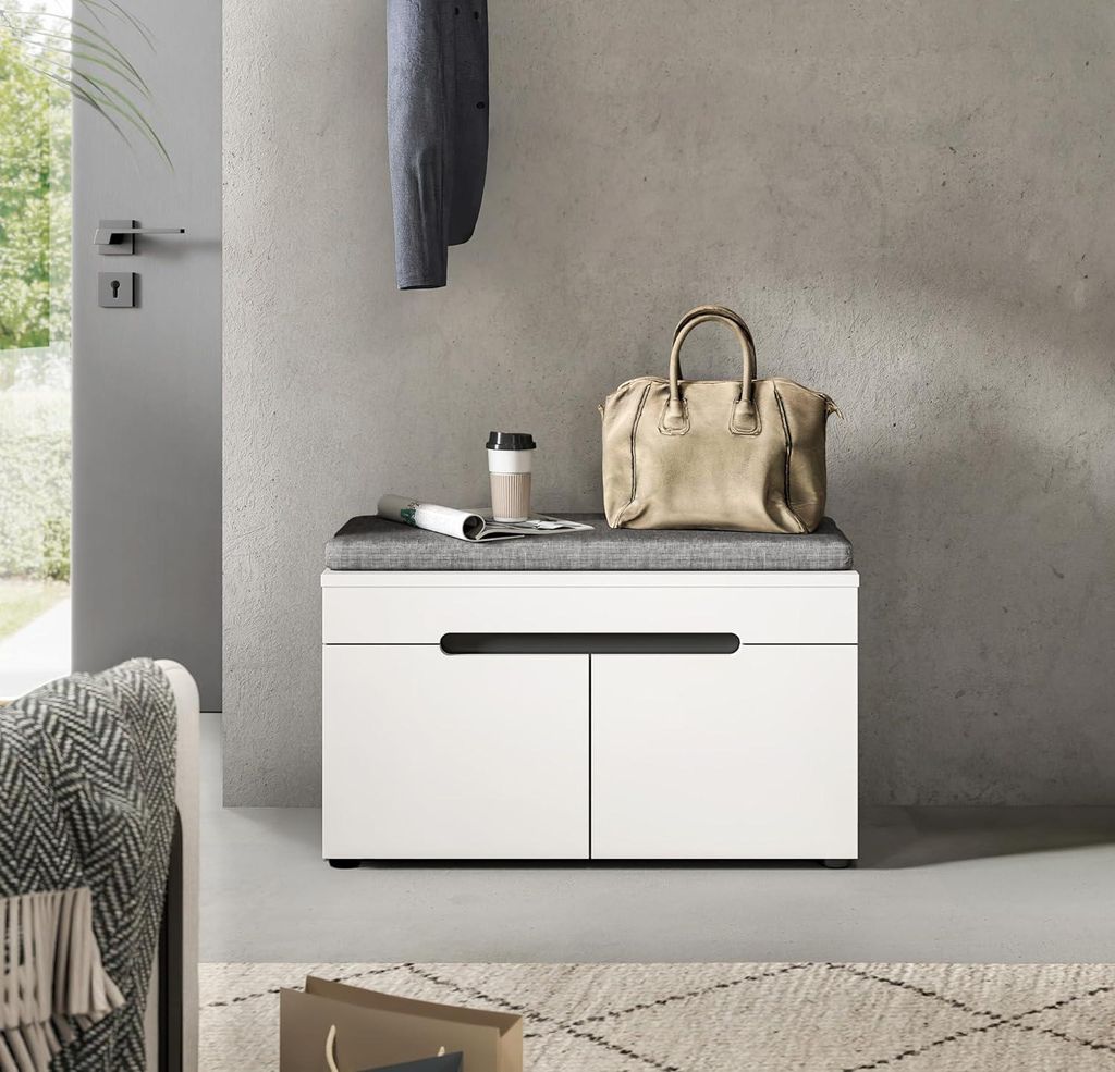 Canu Sitzbank mit Aufbewahrung inkl. Kissen 2 Türen weiß, grau.