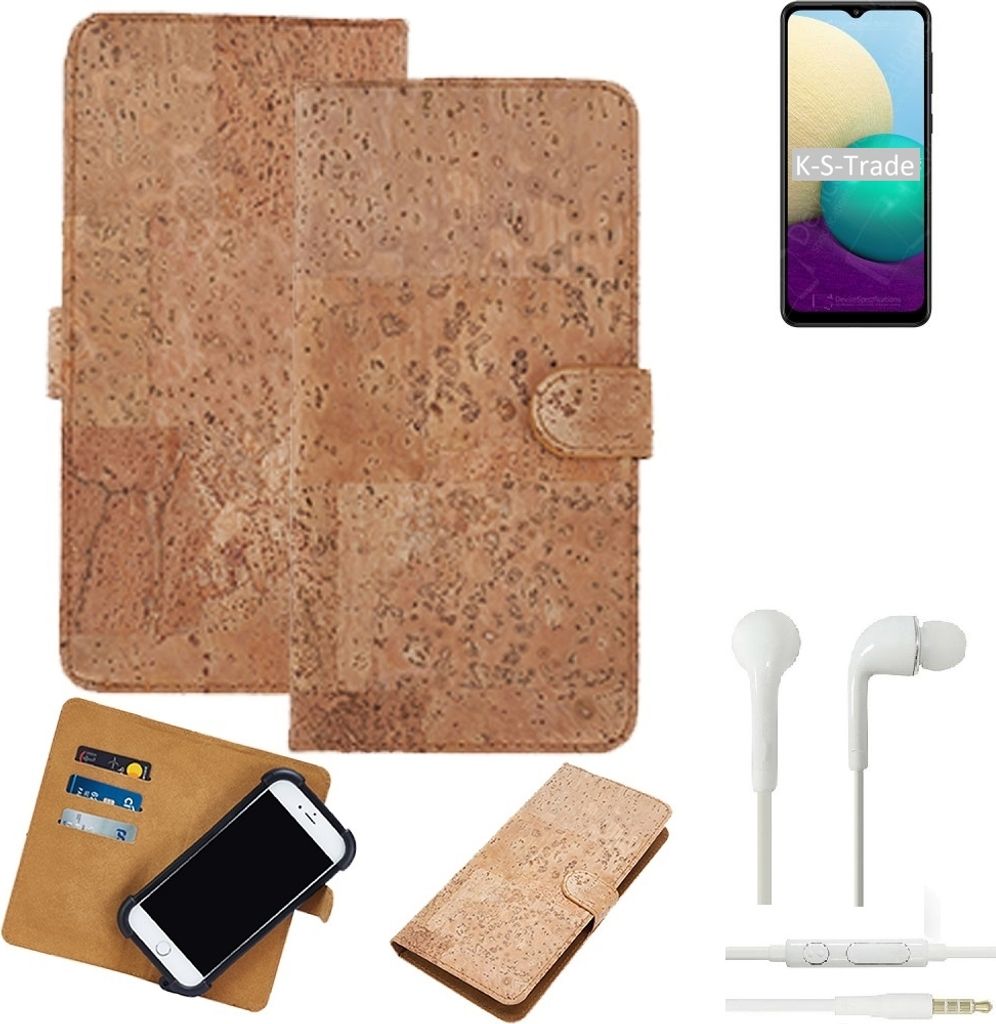 K-S-Trade Hülle kompatibel mit Samsung Galaxy M02 + in ear Kopfhörer Kork Handyhülle Cover Schutzhülle TPU Case Bumper in Hellbraun, (1x)