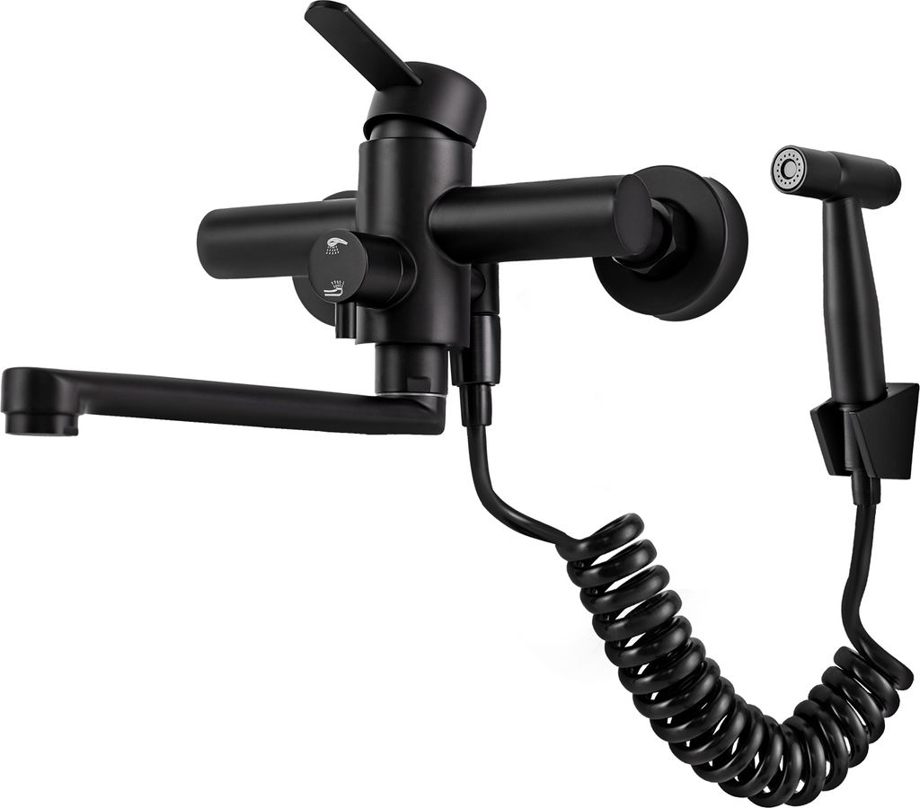 A black kitchen faucet with a spray nozzle attached by a coiled hose, mounted on a white background.