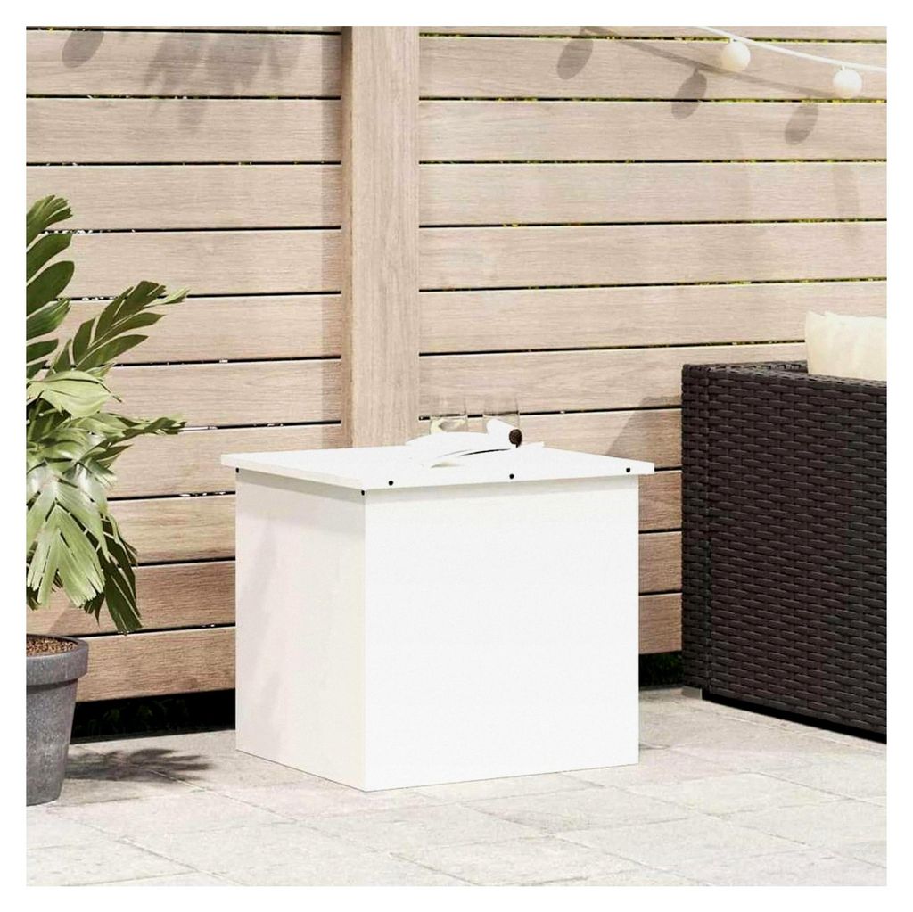 Außenlagerbox Weiß 55 x 50,5 x 50 cm aus kaltgewalztem Stahl, wetterfeste Aufbewahrungsbox für Garten, Terrasse und Balkon