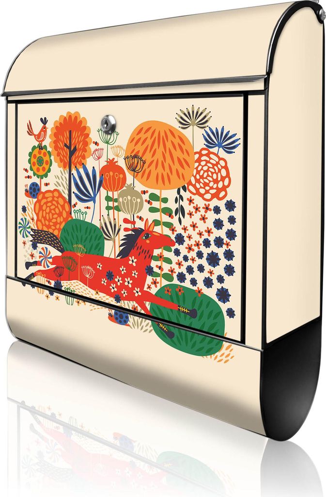 banjado Design Briefkasten Stahl schwarz mit Zeitungsfach pulverbeschichtet "Rotes Pferd" 38x46x12,5cm & 2 Schlüssel - Postkasten A4 Einwurf inkl....