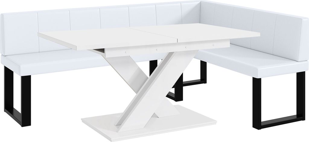MEBLINI Eckbank für Esszimmer mit ausziehbarem Tisch - Küchenbank - Essecke - Sitzecke Küche - PETER - U-Beine 142x196x87cm Rechts - Weiß Kunst...